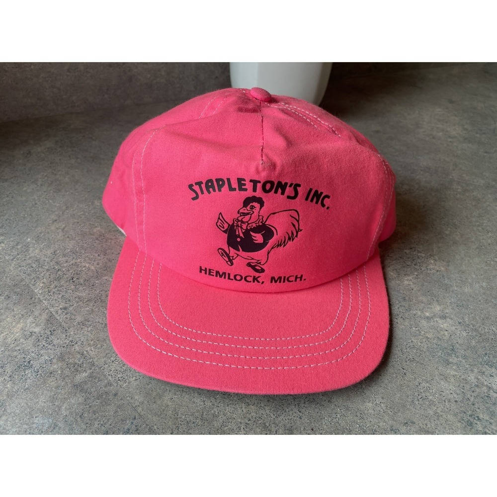 Vintage Stapleton's Hemlock Michigan 80s Hat Snapback Neon Pink‎ Chicken USA